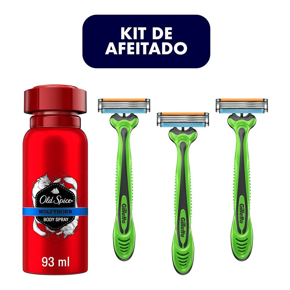 Máquinas para afeitar Gillette Prestobarba 3 body sense 3 pzas + desodorante corporal Old Spice 56 g